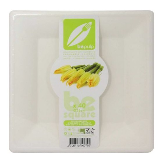 Assiette carrée bio 26 cm en bagasse - par 40