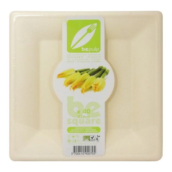 Assiette carrée bio 26 cm en bagasse - par 40