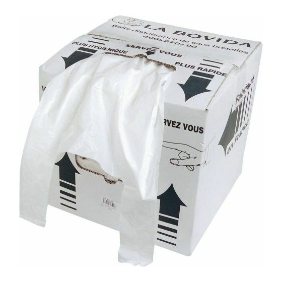 Sac bretelles blanc PEBD 50 µ - 49 x 27 + 9 cm en boite distributrice - par 500 Sac bretelles blanc PEBD 50 µ - 49 x 27 + 9 cm en boite distributrice - par 500
