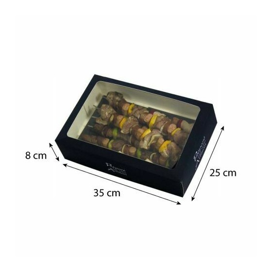 Boîte à brochettes carton noir 350 x 250 x 80 mm + calage - par 25 Boîte à brochettes carton noir 350 x 250 x 80 mm + calage - par 25
