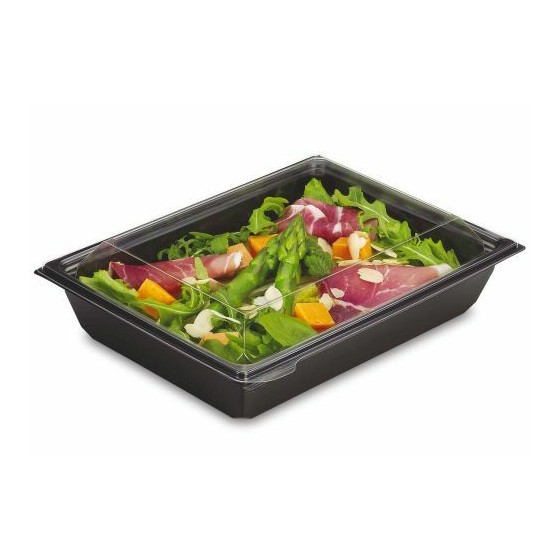 Boîte à salade plastique noire avec couvercle Freshipack 1200 ml - par 30 Boîte à salade plastique noire avec couvercle Freshipack 1200 ml - par 30