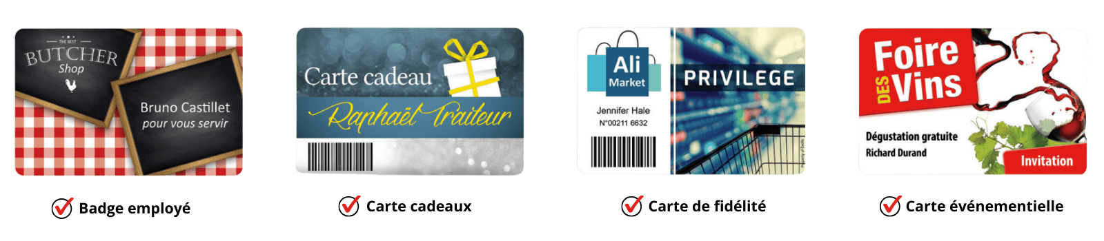 Différentes possibilités de cartes PVC